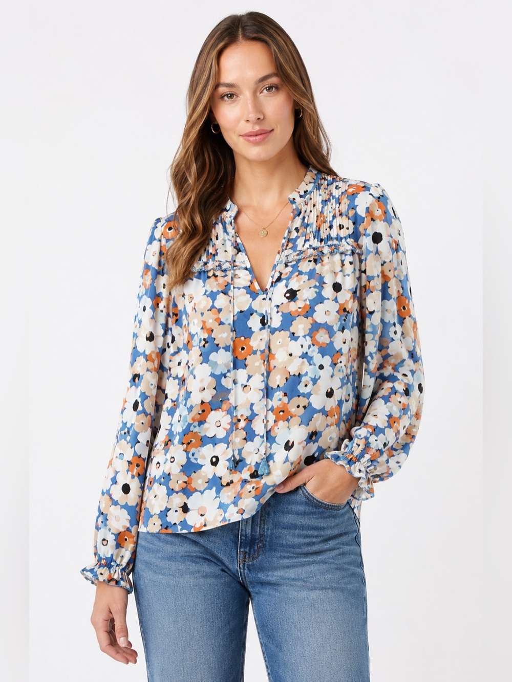 Joie XL Blue Abstract Floral Pintuck Tie Neck Peasant Blouse Boho - Picture 1 of 7